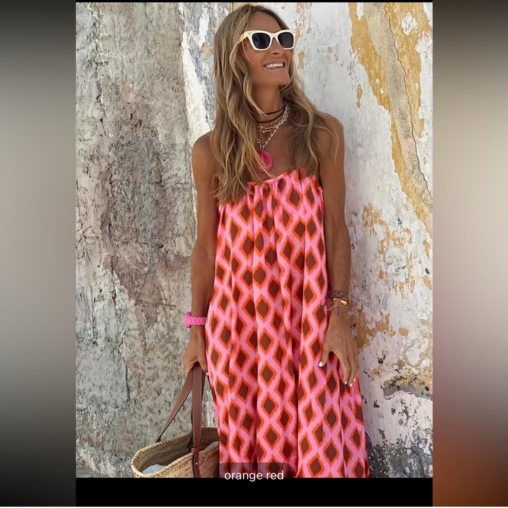 BOHEMIAN RED & PINK ARGYLE PRINT MAXI DRESS NWT - Picture 4 of 13